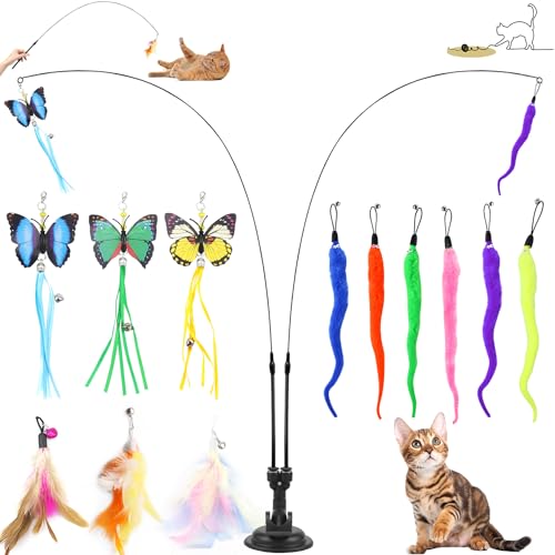 UGBO Interaktives Katzenspielzeug Intelligenz Katzen Spielzeug Cat Toys Katzenangel Stabilmit Federn und Saugnapf Simucatstick Kätzchen Zauberstab Schmetterling Wurm für Kleine Große Katzen (Stil 1) von UGBO