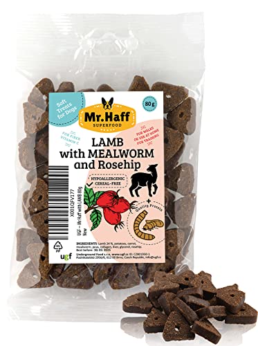 Mr Haff - Hunde Leckerlis mit Lammfleisch, Mehlwürmer und Hagebutte, 80 Gramm, Getreidefrei, Hypoallergen, Diätetisch, Trainingsleckerli für Hunde, Hundeleckerli, Kauartikel für Hunde von UGF Underground Food