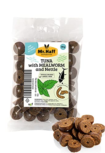 Mr Haff - Hunde Leckerlis mit Thunfisch, Mehlwürmer und Brennessel, 80 Gramm, Getreidefrei, Hypoallergen, Diätetisch, Trainingsleckerli für Hunde, Hundeleckerli, Kauartikel für Hunde von UGF Underground Food