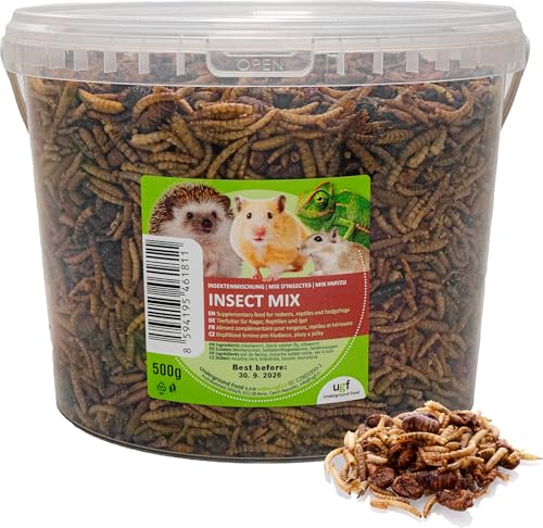 UGF - Insektenmischung, 3 Liter Eimer ≈ 500g, Igelfutter, Rennmausfutter, Hamsterfutter, Rattenfutter, Eidechsenfutter - Mehlwürmer, Soldatenfliegenlarven, Seidenraupen von UGF Underground Food