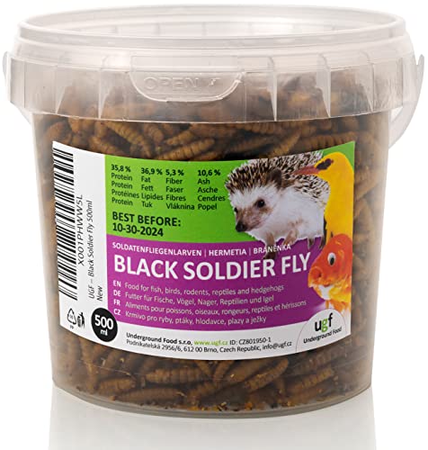 UGF - Soldatenfliegenlarven getrocknet 500 Ml Eimer ≈ 75g, Hermetia wie Mehlwürmer, Vogelfutter Wildvögel Ganzjährig, Igelfutter, Eichhörnchen Futter, Wachtelfutter, Hamster Futter, Fischfutter von UGF Underground Food