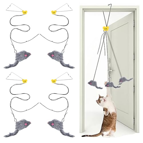 UILYNIU 4 Stück Katzenspielzeug, Hängende Trrahmen Katzenspielzeu, Cat Toy mit Elastische Maus, Interaktives Katzenspielzeug Maus, Katzenspielzeug Set für Katzenauslauf und gegen Langeweile (Grau) von UILYNIU