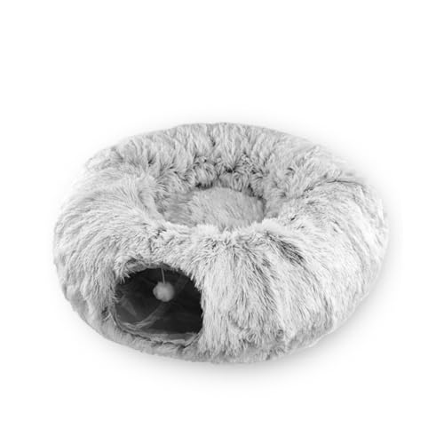 Spieltunnel Katze mit Ball, Plüsch Rascheltunnel mit Katzenbett, Multifunktionales Katzentunnelbett für Kleine Mittlere und Große Katzen (Grau) von UINOFER