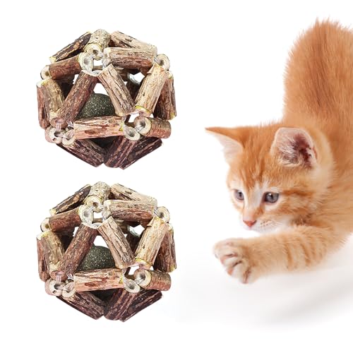 UINOFER Katzenspielzeug Holz, Natürliche Silvervine Stick Käfig Bälle, Katze Interaktive Spielzeug, Steigerung des Appetits Und Reinigung des Mundes (2 Stück - Katzenminze Ball) von UINOFER