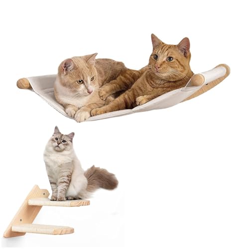 UINOFER Kletterwand Katzen, Wandmontage Katzenhängematte mit Katzenleiter, Katzenbett zum Klettern aus Natur-Holz (Cat Hammock with Step) von UINOFER