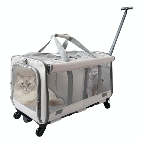 UIRREL Rollende Katzentragetasche mit zwei Fächern, große Kapazität, weiche Seiten-Tragetaschen für Katzen und Welpen, abnehmbare Reisetasche mit atmungsaktiven Netzfenstern (Off-White) von UIRREL