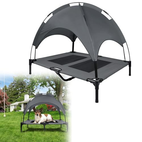 UISEBER Hundebett Erhöhtes Haustierbett 92 x 76 x 92 cm Hundeliege Outdoor mit Überdach für große Hunde bis 50 kg Wasserdicht Hundebetten für Innen und Außen Grau +Schwarz【L】 von UISEBRT