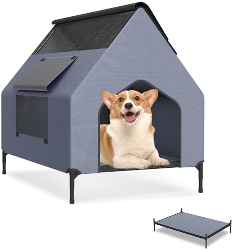 UISEBRT 2 in 1 Hundeliege überdacht & erhöhtes Hundebett mit abnehmbarem Deckel, Outdoor Hundezelt für kleine und mittelgroße Hunde bis 60 kg, ideal für Garten, 109.5 x 74.5 x 93 cm von UISEBRT