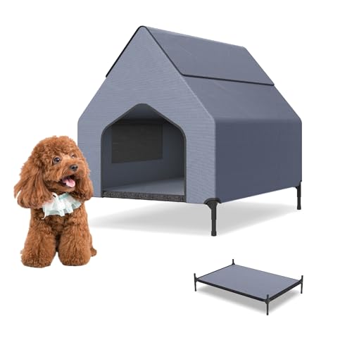 UISEBRT 2 in 1 Hundeliege überdacht & erhöhtes Hundebett mit abnehmbarem Deckel, Outdoor Hundezelt hundehütte für kleine und mittelgroße Hunde bis 40 kg, ideal für Garten, 91 x 65.5 x 86.5 cm von UISEBRT