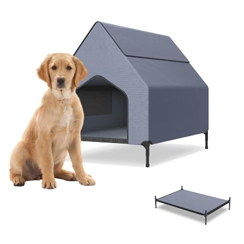 UISEBRT 2 in 1 Hundeliege überdacht & erhöhtes Hundebett mit abnehmbarem Deckel, Outdoor Hundezelt hundehütte für kleine und mittelgroße Hunde bis 80 kg, ideal für Garten, 130 x 84 x 104 cm von UISEBRT