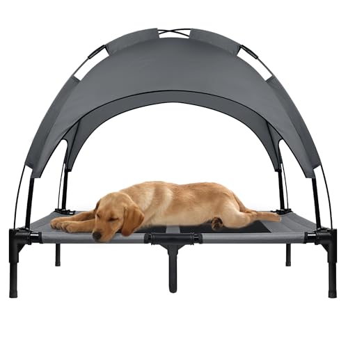 UISEBRT Erhöhtes Hundebett Haustierbett mit Baldachin, Hundeliege Outdoor für Camping Strand, Hundebett mit Wasserdicht Dach Hundesofa mit Atmungsaktivem Netzgewebe, Größe L, 92 x 76 x 92 cm von UISEBRT