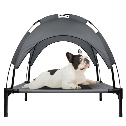 UISEBRT Erhöhtes Hundebett Haustierbett mit Baldachin, Hundeliege Outdoor für Camping Strand, Hundebett mit Wasserdicht Dach Hundesofa mit Atmungsaktivem Netzgewebe, Größe M, 76 x 61 x 76 cm von UISEBRT