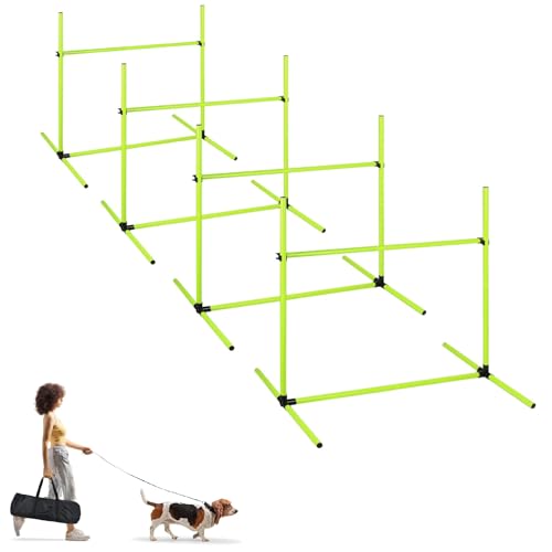 UISEBRT Hunde Agility Set, 4er Slalom Stangen Hürdenset für Haustiere, PVC Hundetrainings-Set mit Tragetasche, Höheinstellbar 104x70x101cm, Grün von UISEBRT