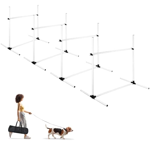 UISEBRT Hunde Agility Set, 4er Slalom Stangen Hürdenset für Haustiere, PVC Hundetrainings-Set mit Tragetasche, Höheinstellbar 104x70x101cm, Weiß von UISEBRT