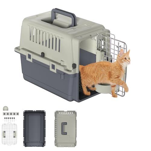 UISEBRT Transportbox Hund Katze 49.5×33.5×36 cm, Hundebox Hundetransportbox Flugzeugbox mit Eisentür, Tiertransportbox mit hängenden Fressnäpfen, Haustierbox für Flugreise Auto Reise & Transport von UISEBRT