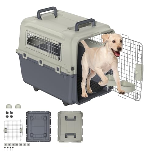 UISEBRT Transportbox Hund Katze 67x51x58.5 cm, Hundebox Hundetransportbox Flugzeugbox mit Eisentür & Räder, Tiertransportbox mit Fressnäpfen, Haustierbox für Flugreise Auto Reise & Transport von UISEBRT