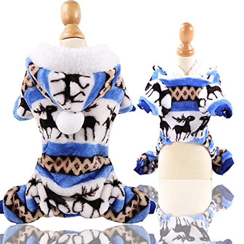 UKKO Hundemantel Winterhundekleidung Weiche Fleece Hund Jumpsuit Warme Haustier Pyjamas Nette Katze Manteljacke Für Bulldogge Chihuahua Hoodies Kleidung-Blue Deer,M von UKKO