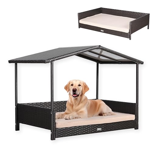 ULREALARK Rattan-Hundehaus mit Kissen, Hundebett in Hausform, Outdoor Dog Kennel, Stahlrahmen, Kunststoff, Braun, 130 x 69 x 86 cm von ULTRALARK