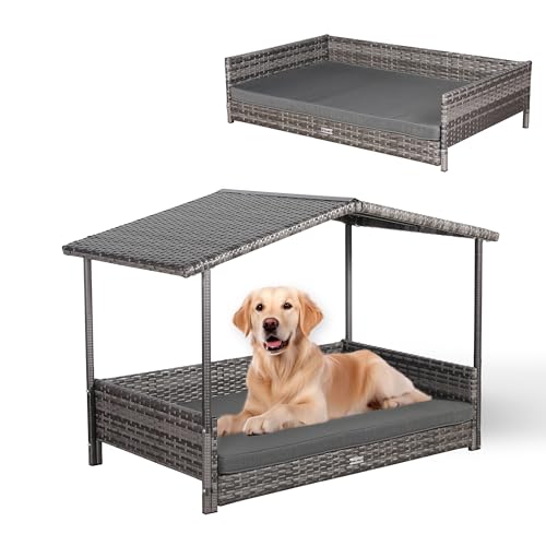 ULTRALARK Rattan Dog House with Cushion, Dog Bed in House Shape, Outdoor Dog Kennel, Steel Frame, Plastic, Grey, 130 x 69 x 86 cm von ULTRALARK