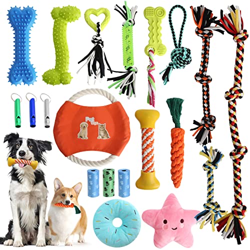 UMILKI Hundespielzeug Set,20Pcs Unzerstörbar Kauspielzeug Hund mit 3Pcs Pfeifen,Baumwolle Welpenspielzeug Set,Seil Ball Hunde Kauen Spielzeug Set für Kleine große mittelgroßen Hund von UMILKI