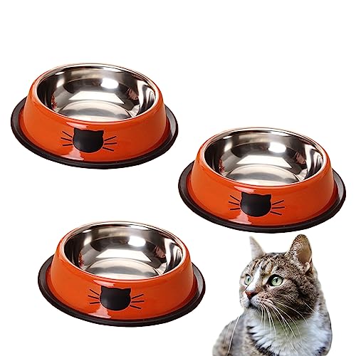 3pcs Edelstahl Haustier Hund rutschfeste Nahrung Wasser Schüssel Katze Gesicht Gedruckte Schüssel Feeder Orange Edelstahl-Gummi,Orange von UMMEI