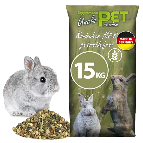 Eggersmann Uncle Pet Premium Kaninchen Müsli getreidefrei 15 kg – Kaninchenfutter mit Gemüse, Gräsern & Luzerne – Unterstützt die Verdauung & den Zahnabrieb – Getreidefreies Futter für Zwergkaninchen von UNCLE PET