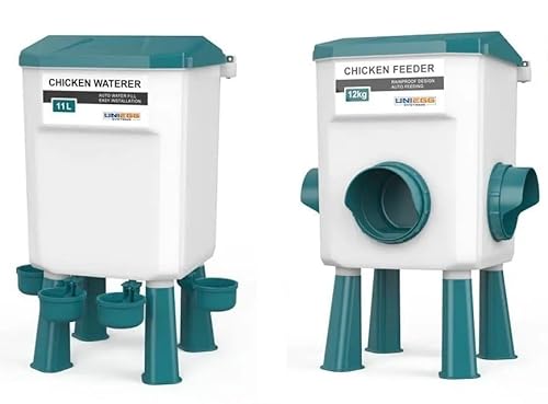 UniEgg Feeder 12kg + Trinker 11 Liter (Grün) - automatisch und innovativ, inklusive Aufhängeset und Standfüßen - Trinkschale Huhn und anderes Geflügel oder Geflügel von UNIEGG Systems