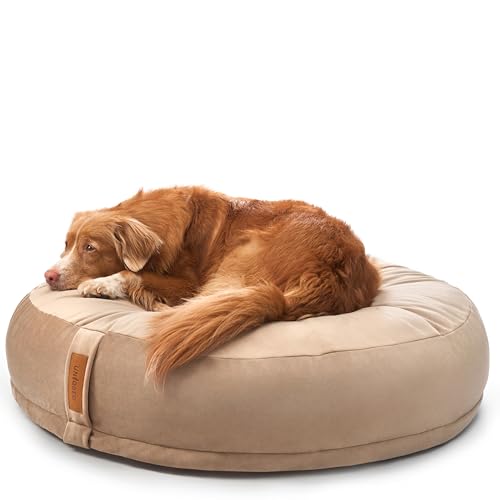 UNIQBED VierbeinWelt Premium Orthopädisches Hundebett für große, mittelgroße & kleine Hunde [Waschbar & Abnehmbarer Bezug] (Beige, [L] Ø100 x Höhe 27 cm) von UNIQBED