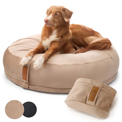 UNIQBED VierbeinWelt Premium Orthopädisches Hundebett für große, mittelgroße & kleine Hunde [Waschbar & Abnehmbarer Bezug] (Beige, [L] Ø100 x Höhe 27 cm) von UNIQBED