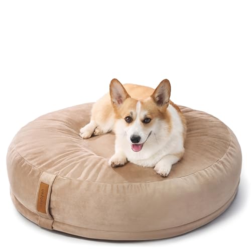 UNIQBED VierbeinWelt Premium Orthopädisches Hundebett für große, mittelgroße & kleine Hunde [Waschbar & Abnehmbarer Bezug] (Beige, [M] Ø90 x Höhe 25 cm) von UNIQBED