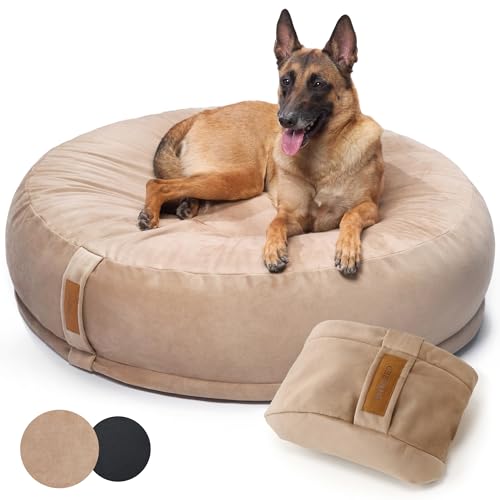 UNIQBED VierbeinWelt Premium Orthopädisches Hundebett für große, mittelgroße & kleine Hunde [Waschbar & Abnehmbarer Bezug] (Beige, [XL] Ø110 x Höhe 32 cm) von UNIQBED