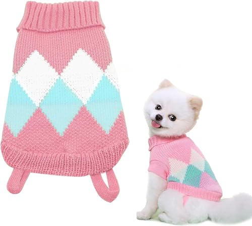 Hundepullover aus Strick, Größe XL, gemütlicher Rollkragenpullover für extra große Hunde, Winterkleidung, ideal für Winter und Herbst (Größe XL, Rosa-Rauten-Form) von UNMOT