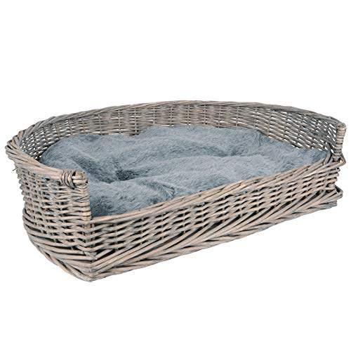 UNUS Hundebett Hundekorb Hundekörbchen aus Weide XL mit Kissen grau für große und kleine Hunde 91 x 70 x 23 cm von UNUS