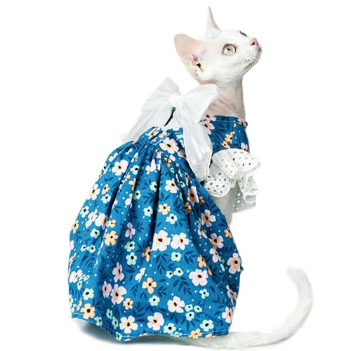 UOSIA Blue Blumensphynx -Katzenkleid Süße Haarlose Katzenkleidung Mit Spitzenärmel, Weiches Kätzchen -Prinzessinkleid Mit Bug, Leicht Und Atmungsaktiv Für Sphynx -Katzen von UOSIA