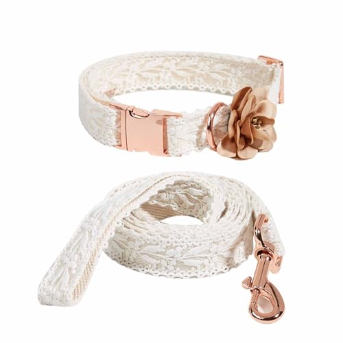 Hundehalsband aus Spitze, weich und leicht zu reinigen, handgefertigt, bestickt, mit Leine für mittelgroße Hunde, niedliches Blumenmädchen, Hochzeitshalsband mit Schleife für kleine, mittelgroße und von UOSIA