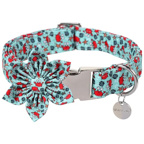 Sommer-Hundehalsband mit Blume, schönes Krabbenmuster, Hundehalsband, abnehmbare Blumenschleife, Welpenhalsband mit verstellbarer Metallschnalle für Hunde und Katzen, L, Halsumfang 40,6–61 cm von UP URARA PUP