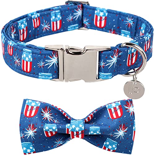 UP URARA PUP 4. Juli Hundehalsband mit Fliege, Patriotische Fliege Hundehalsband, Amerikanische Flagge Halsband für große Jungen Mädchen Hund, Bequemes Sommer Bowtie Halsband mit Metallschnalle, L, Halsumfang 40,6-61 cm von UP URARA PUP