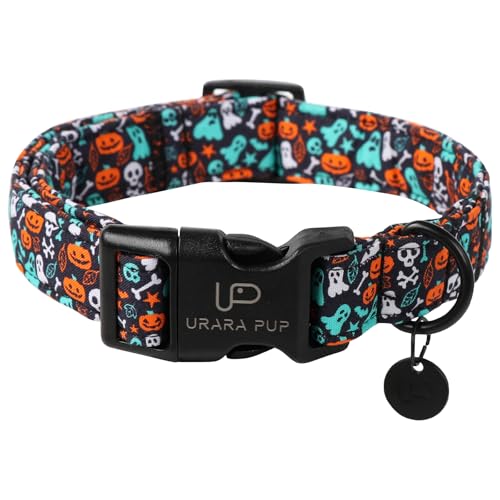 UP URARA PUP Halloween-Hundehalsband, Baumwolle, Totenkopf-Motiv, Hundehalsband für Hunde, Herbst-Haustier-Halsband mit Halloween-Elementen, verstellbares Welpenhalsband, M, Halsumfang 34,3–55,9 cm von UP URARA PUP