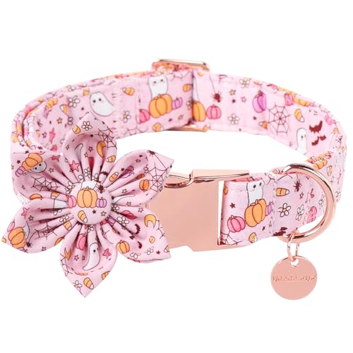 UP URARA PUP Halloween-Hundehalsband mit Blume, rosa Halloween-Welpenhalsband mit verstellbarer Metallschnalle, ausgefallenes Halloween-Hundehalsband, Fliege, Geschenk für Mädchen, Jungen, Hund, Größe von UP URARA PUP