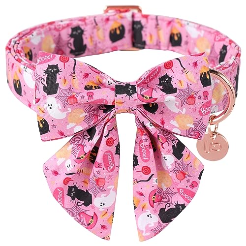 UP URARA PUP Halloween Hundehalsband mit Fliege & Blume, Baumwolle Fliege & Blume Hundehalsband für Jungen oder Mädchen Hunde, Niedliches Rosa Bequemes Haustierhalsband mit Metallschnalle von UP URARA PUP