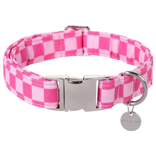 UP URARA PUP Hundehalsband für den Sommer, niedliches rosa kariertes Hundehalsband, Baumwolle, Welpenhalsband mit verstellbarer Metallschnalle für kleine, mittelgroße und große Mädchen und Jungen von UP URARA PUP