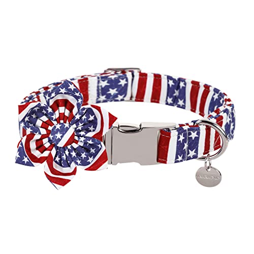 UP URARA PUP Hundehalsband mit Blume, 4. Juli Bequemes Baumwoll-Hundehalsband, Amerikanische Flagge Halsband für kleine Mädchen Hund, Patriotisches Blumenhalsband mit Metallschnalle, S, Hals 25,4-40,6 cm von UP URARA PUP