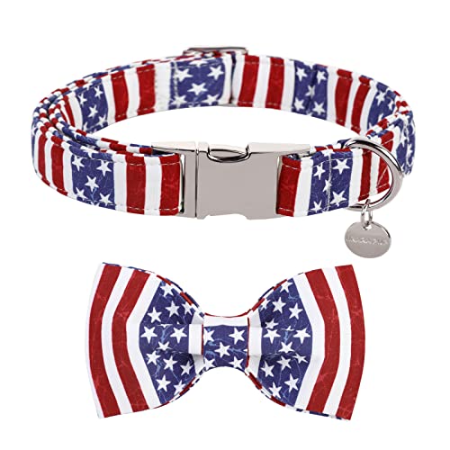 UP URARA PUP Hundehalsband mit Fliege, 4. Juli Bequemes Baumwoll-Hundehalsband, Amerikanische Flagge Halsband für kleine Mädchen Junge Hund, Patriotisches Fliegenhalsband mit Metallschnalle, S, Halsumfang 25,4-40,6 cm von UP URARA PUP