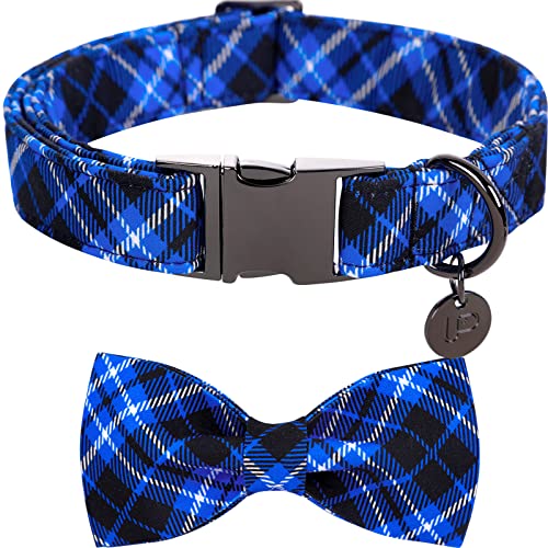 UP URARA PUP Hundehalsband mit Fliege, Baumwoll-Hundehalsband mit Fliege für kleine Mädchen, Jungen, Urlaub, blaues Hundehalsband mit robuster Metallschnalle, niedliches kariertes Haustierhalsband, von UP URARA PUP