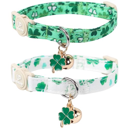 UP URARA PUP Katzenhalsband, 2 Stück, St. Patrick's Day Katzenhalsband, niedliches Breakaway-Kätzchen-Halsband, Frühlingsgrünes Kleeblatt-Katzenhalsband mit Glöckchen, Glückskleeblatt-Halsbänder mit von UP URARA PUP