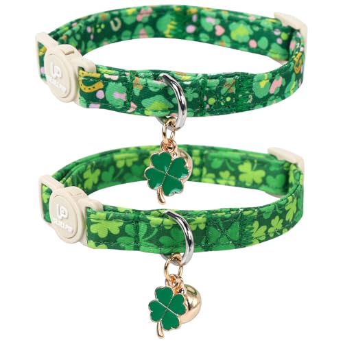 UP URARA PUP Katzenhalsband, St. Patrick's Day Kätzchen-Halsbänder, niedliches Kleeblatt, Breakaway-Kätzchen-Halsband, Frühlingsgrün, Dreiblatt-Katzenhalsband mit Glöckchen, Glücksklee-Halsband für von UP URARA PUP