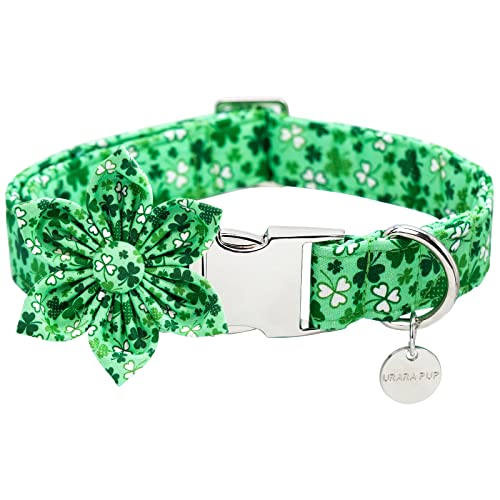 UP URARA PUP St. Patrick's Day Hundehalsband mit Blume, Baumwolle St. Patrick's Day Blumenhalsband für X-Large Girl Dog, Lucky Shamrock Hundehalsband mit Metallschnalle, XL, Halsumfang 40.6-66 cm von UP URARA PUP