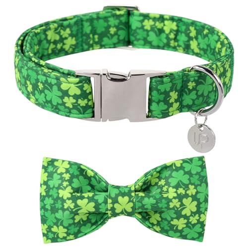 UP URARA PUP St. Patrick's Day Hundehalsband mit Fliege, Baumwolle, St. Patrick's Day Fliege Halsband für Mädchen und Jungen, Glückskleeblatt-Hundehalsband mit Metallschnalle, Feder, L, Halsumfang von UP URARA PUP