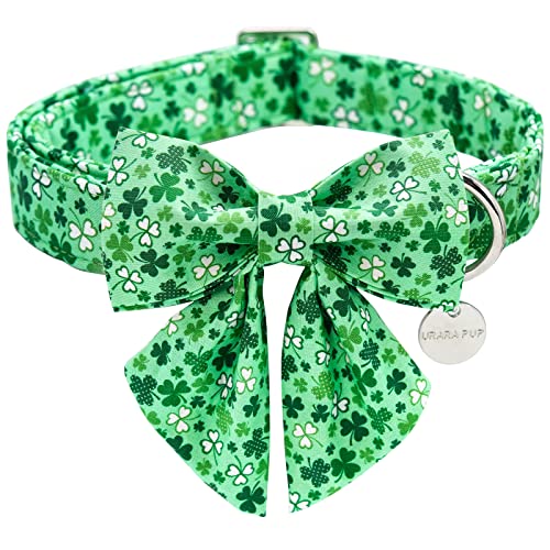 UP URARA PUP St. Patrick's Day Hundehalsband mit Fliege, Baumwolle St. Patrick's Day Bowtie Halsband für kleine Mädchen Junge Hund, Lucky Shamrock Hundehalsband mit Metallschnalle, Grün, Frühling, S, Halsumfang 25,4-40,6 cm von UP URARA PUP