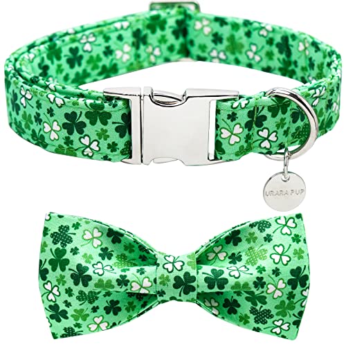 UP URARA PUP St. Patrick's Day Hundehalsband mit Fliege, Baumwolle St. Patrick's Day Bowtie Halsband für kleine Mädchen Junge Hund, Lucky Shamrock Hundehalsband mit Metallschnalle, Grün, Frühling, S, Halsumfang 25,4-40,6 cm von UP URARA PUP